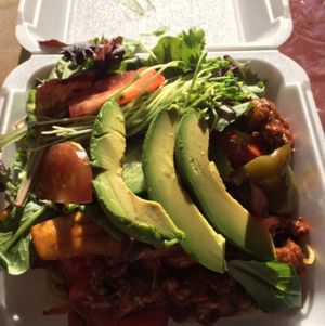 Rasta pasta, soy BBQ, salad plus avocado. One of the best meals in a long time! Great selection and nice reggae music to listen to too! at Ital Vital in Scarborough