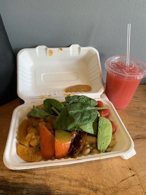 rice, pumpkin stew, white bean coconut stew, bbq + salad, strawberry juice 🤩💖 at Ital Vital in Scarborough