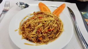 Vegan version of Fideua (Valencian noodles dish) this dish is from the daily set meal not from a la carte at The Mantraa in Barcelona