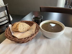 Bread and mushroom soup  at The Mantraa in Barcelona