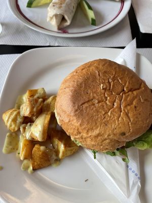 Seitan burger and patatas bravas  at The Mantraa in Barcelona