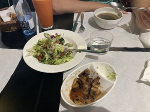 Mushroom soup + summer breeze salad + grilled japanese mushrooms  at The Mantraa in Barcelona