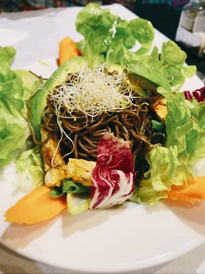 Japanese noodles and salad  at The Mantraa in Barcelona