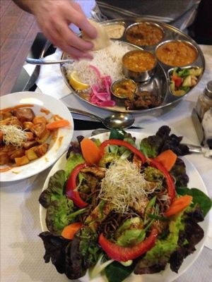 Soba noodle salad, curry and patatas bravas at The Mantraa in Barcelona