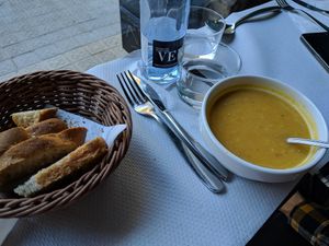 Soup, bread and water at The Mantraa in Barcelona