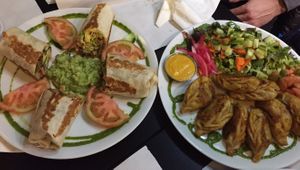 Guacamole and cheese wraps and dumplings  at The Mantraa in Barcelona