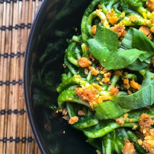 pasta with spinach, bear leek and 'salami' at Elixir in Budapest