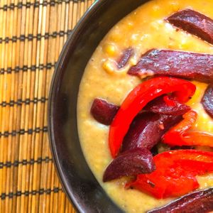 indian yellow peas cream with fried red bell pepper at Elixir in Budapest