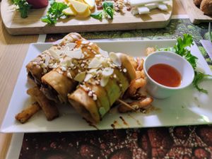 Faux duck crispy spring roll. at Crock and cock in Bilbao