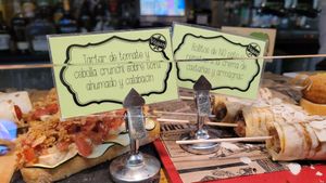 Vegan pintxos are labeled at Crock and cock in Bilbao