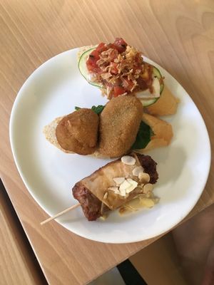 Different options of "tapas" tofu and soy.  at Crock and cock in Bilbao