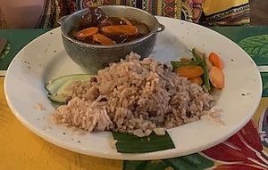 Veggie balls in brown stew. at Miss T's Kitchen in Ocho Rios