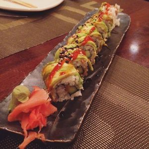 Kabocha Caterpillar Roll - kabocha, cucumber, avocado, chile, sweet soy ($13) at Buku Raleigh in Raleigh