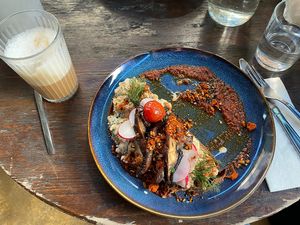 öfferl bread with chickpeas, mushrooms and harissaa  at 7Stern in Vienna