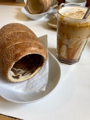 Trdelník with vegan chocolate + iced coffee with oat milk   at MLS Creperie in Cesky Krumlov
