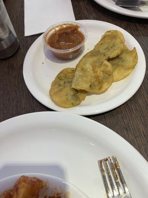 Fried pastry with chutney.  at Chai Paani in Leicester
