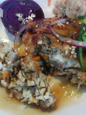 Extreme close-up of the main hot dish. Oishii! at Veggie Syokudo Funadeya in Fukuoka