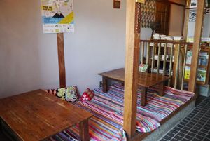 Colorful rugs at Veggie Syokudo Funadeya in Fukuoka