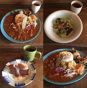 Salad appetizer, curry with rice, chocolate cake with tea. at Veggie Syokudo Funadeya in Fukuoka