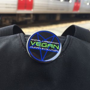 Vegan animal liberation badge you can buy at the counter~ at Veggie Syokudo Funadeya in Fukuoka