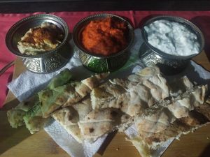 Hummus and others patés to share at Food House in Mostar