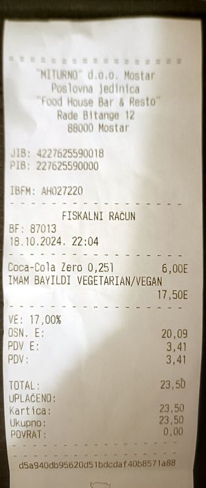 The total price of what I ordered at Food House in Mostar