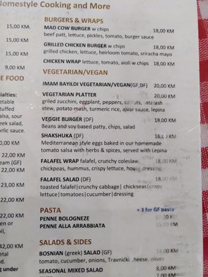 Menu at Food House in Mostar