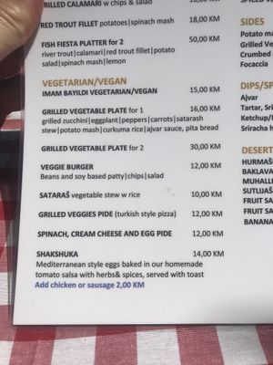 Vegan options July 2019 at Food House in Mostar