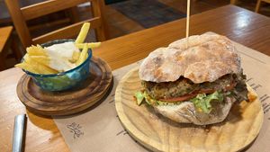 Vegan lentil burgerrs  at Casa Alongos in Melide