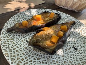 Miso roasted aubergine with squash  at Casa Alongos in Melide