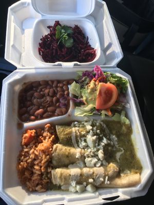 Enchiladas verde (with rice, beans, and salad) and shredded beet salad at Viva Vegeria in San Antonio