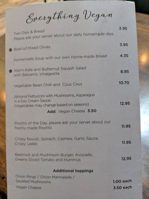 Vegan section of menu (there are also a couple of vegan desserts) at RiverView Restaurant in Dunkeld