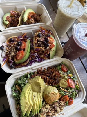 tacos, bacon mustard bowl, jamaican mojito and brazillian smoothie  at Leahi Health - Kaimuki in Honolulu