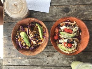 Rainbow tacos! One protein style with tofu, hemp and chia seeds. + two of the fantastic smoothies! at Leahi Health - Kaimuki in Honolulu