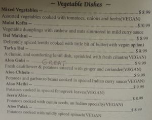 Vegan menu at Taj Grill. at Taj Grill in Vallejo