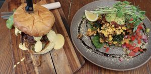 Cheese burger and corn fritters  at Blendlove in Southport