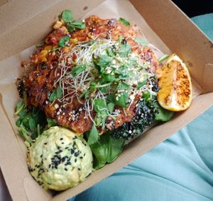 Takeaway corn fritters. Crispy kale hidden underneath. Soo good at Blendlove in Southport