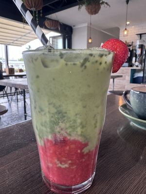 Iced strawberry matcha on soy milk  at Blendlove in Southport