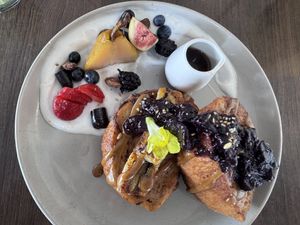 Vegan french toast, lots of fruit!  at Blendlove in Southport