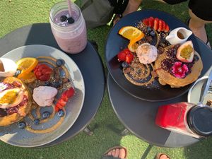 Pancakes and purple protein smoothie at Blendlove in Southport