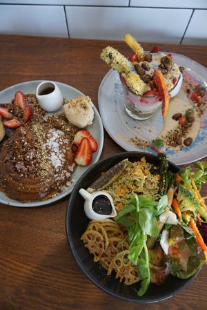 The snickers pancakes and mushroom ramen salad! at Blendlove in Southport