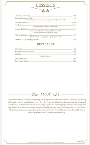 Desserts aren’t marked for vegetarian but looks like all are. Check for vegan options   at Mr. Chopsticks in Denton