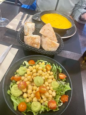 Chickpea salad and vegetable soup at Ultreia Cafe and Alburgue in Arzua