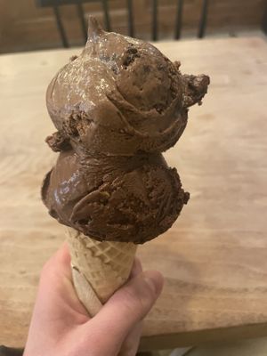 Dark chocolate spice cake & dark chocolate fudge brownie in a vegan cone💗 at Van Leeuwen Ice Cream - Boerum Hill in Brooklyn