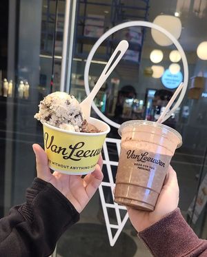 Cookies and Cream Caramel Swirl with Dark Chocolate Fudge, and a Dark Chocolate Fudge Milkshake at Van Leeuwen Ice Cream - East Village in New York City
