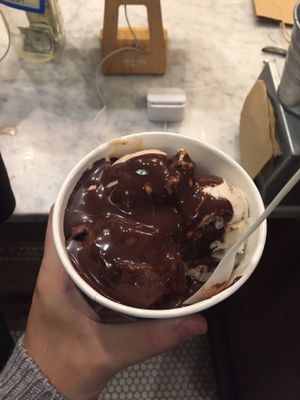  rocky road and cookie dough w vegan chocolate sauce  at Van Leeuwen Ice Cream - East Village in New York City