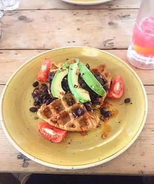 Vegan Sweet Potato Waffles with Black Beans and Avocado at Mercado Lounge in Market Harborough
