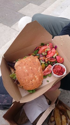 Chickpea, beetroot and carrot burger and homemade chips at The Wallflower Cafe in Herne Bay