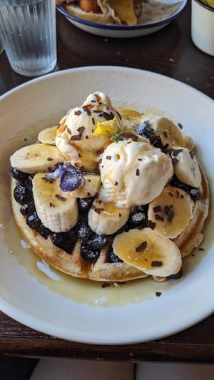 Blueberry and banana waffle at St Martin's Tea and Coffee in Leicester