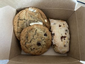 Rosemary chocolate chip, white chocolate chunk cookies and an almond blueberry scone. at The Coronado PHX in Phoenix